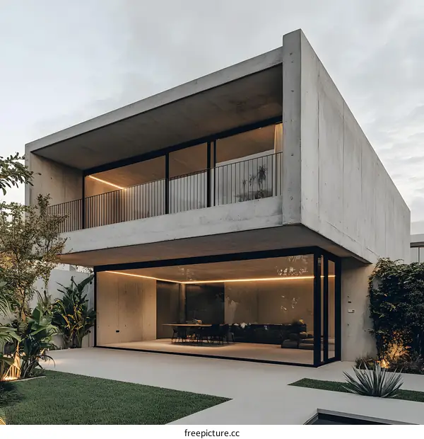 Modern Concrete House with Large Windows and Balcony