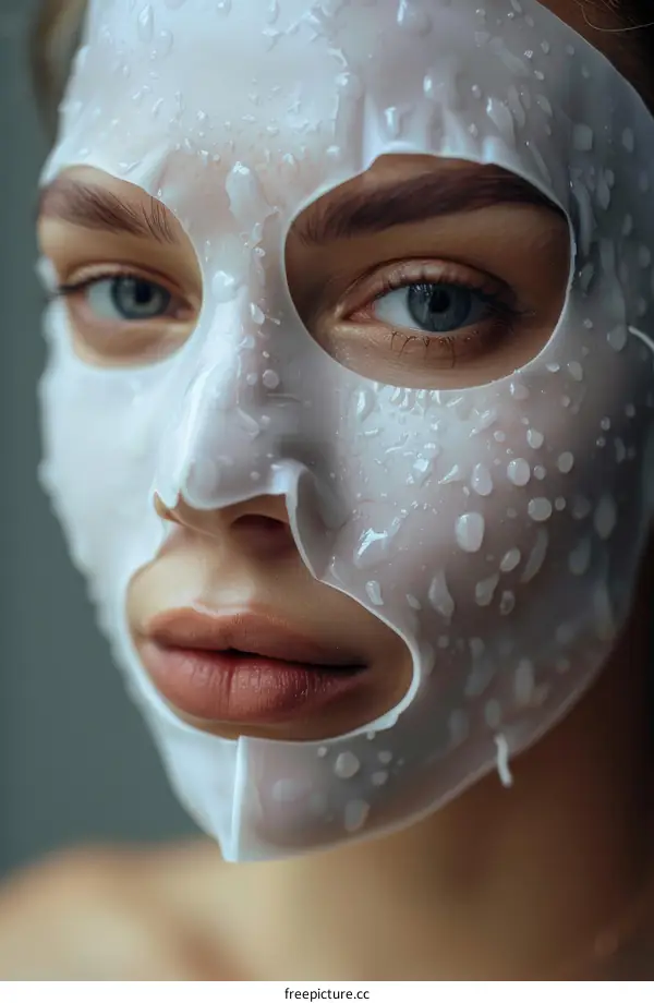 Close-up of a young woman with a white facial mask on her face