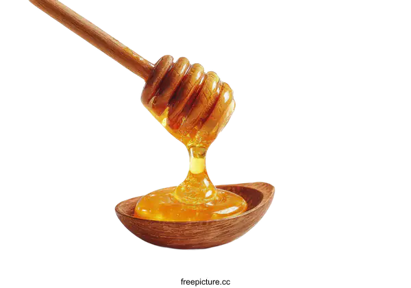 [Transparent Background PNG]Honey Dripping from Wooden Honey Dipper into Bowl
