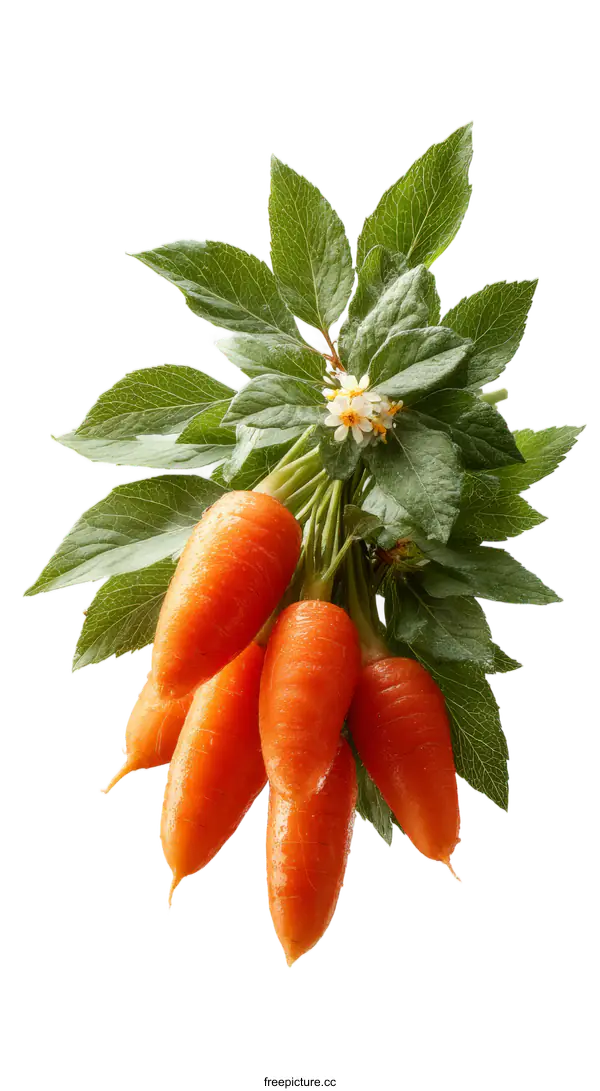 [Transparent Background PNG]Fresh Organic Carrots with Leaves and Flowers