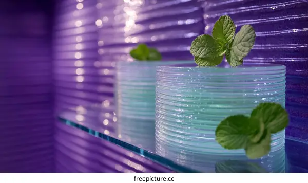 Purple Glass Display with Mint Leaves