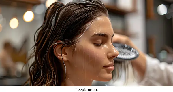 Hair care and beauty procedures. Hairdresser applying hair mask to female client
