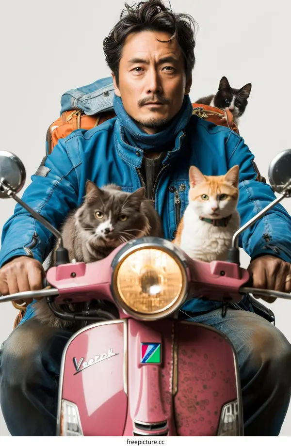 A man riding a scooter with two cats on his shoulders