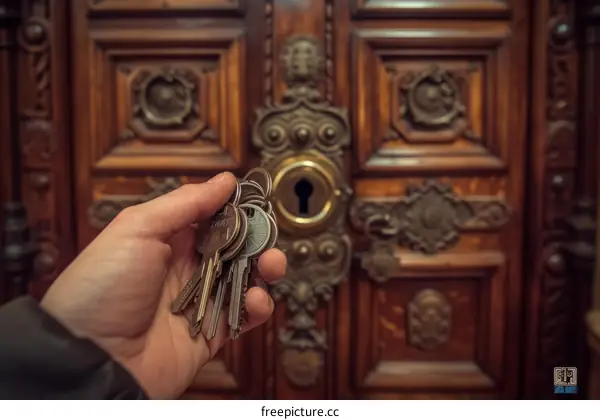 Hand holding a bunch of keys in front of a wooden door