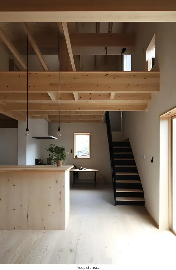 Modern Minimalist Interior Design Featuring Wood Beams and a Floating Staircase