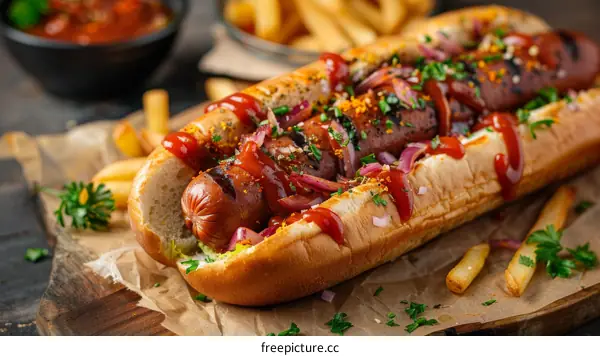 Hotdog with ketchup, mustard and fried onions served with a side of french fries