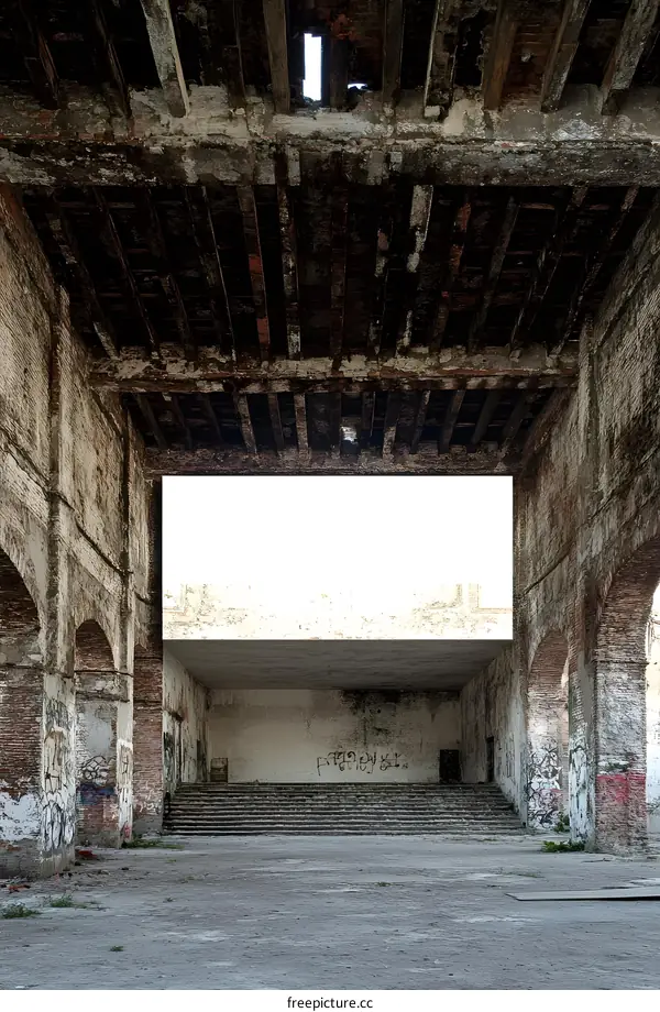 Abandoned Building with Graffiti and Old Wooden Beams