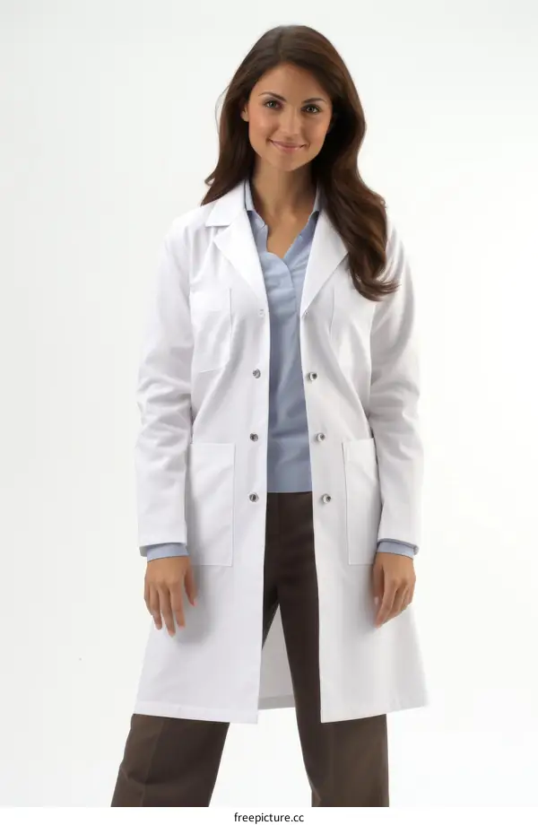 Young female doctor or nurse wearing white lab coat