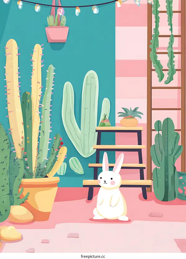 Cute Rabbit with Cactus Illustration