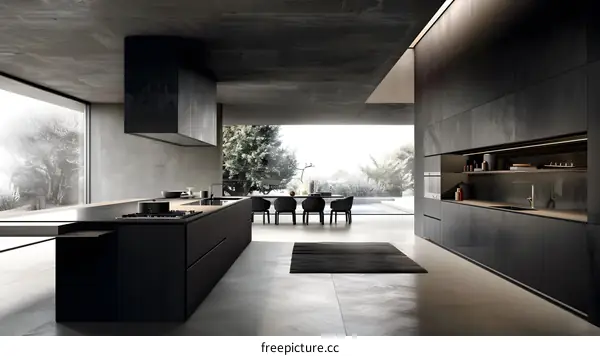 Modern Kitchen Interior Design With Black Cabinets and Stainless Steel Appliances