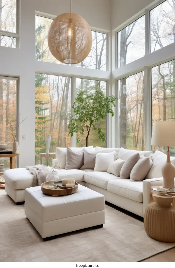 A modern living room with a large sectional sofa, coffee table, rug, and floor lamp