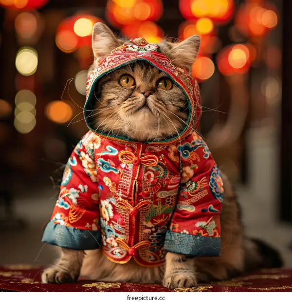 A cat wearing a red and gold Chinese-style jacket