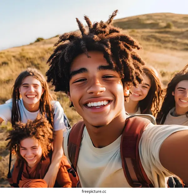 Happy Friends Take a Selfie on a Mountain
