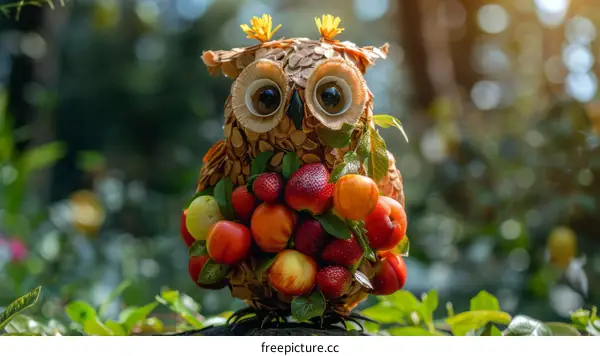 Wooden owl decorated with colorful fruits and flowers