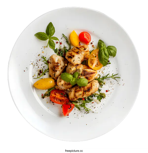 [Transparent Background PNG]Grilled Chicken Breast with Tomatoes and Basil on a White Plate