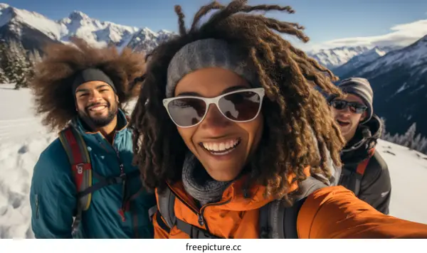 Three happy friends taking a selfie on a snowy mountaintop
