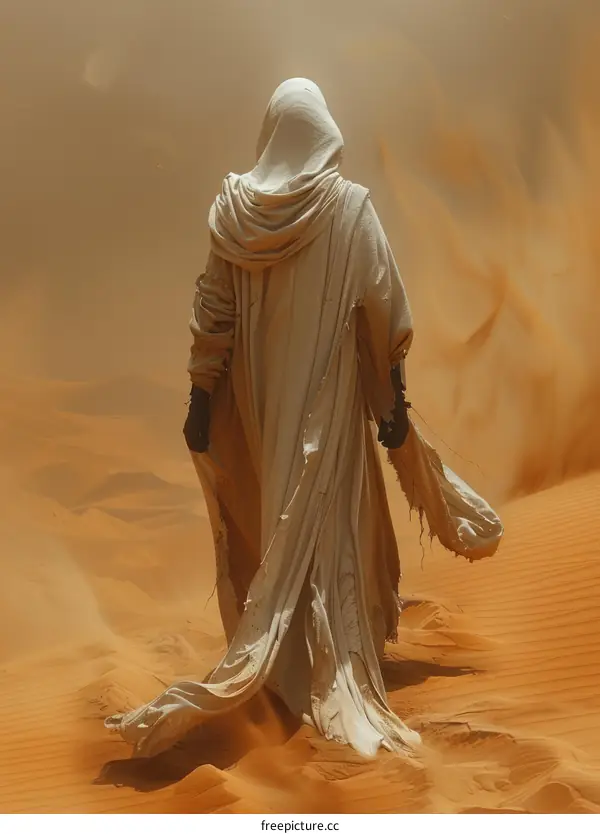 A figure in a white robe walks through a desert