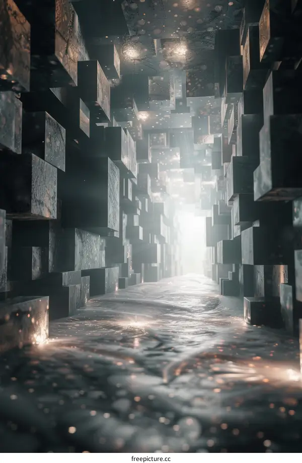 Glowing cubes in a dark tunnel