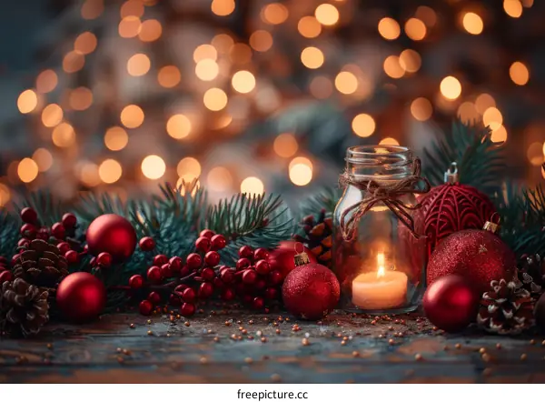 Christmas decoration with red ornaments and candle