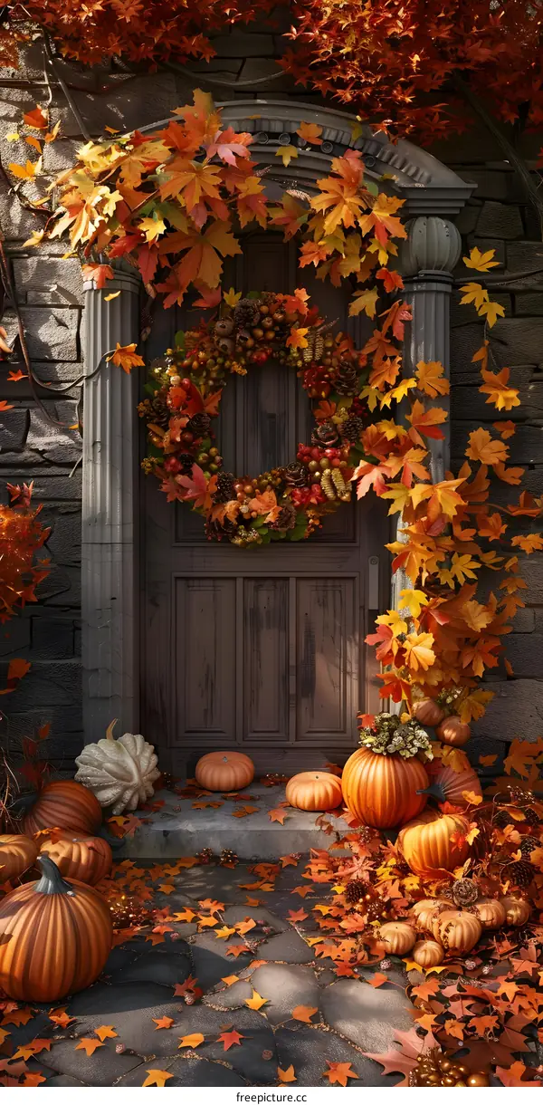 Autumn leaves and pumpkins