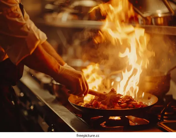Stir-frying in a flaming hot wok
