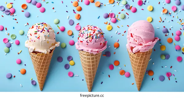 Three Ice Cream Cones with Sprinkles and Candy