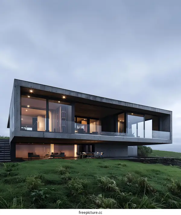 Modern Concrete House With Large Windows And Glass Railing On Grassy Hill