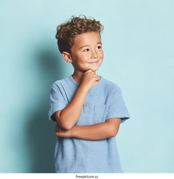 Thoughtful Boy Posing Against a Light Blue Background