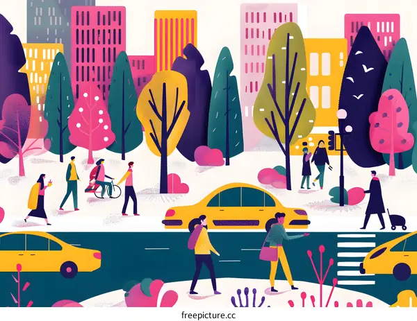 Colorful Illustration of People Walking in a City Park