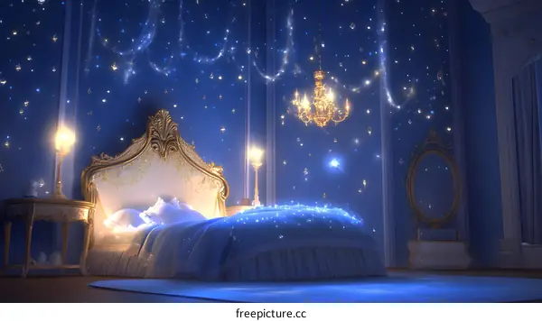 Magical Blue Bedroom With Glimmering Stars And A Chandelier