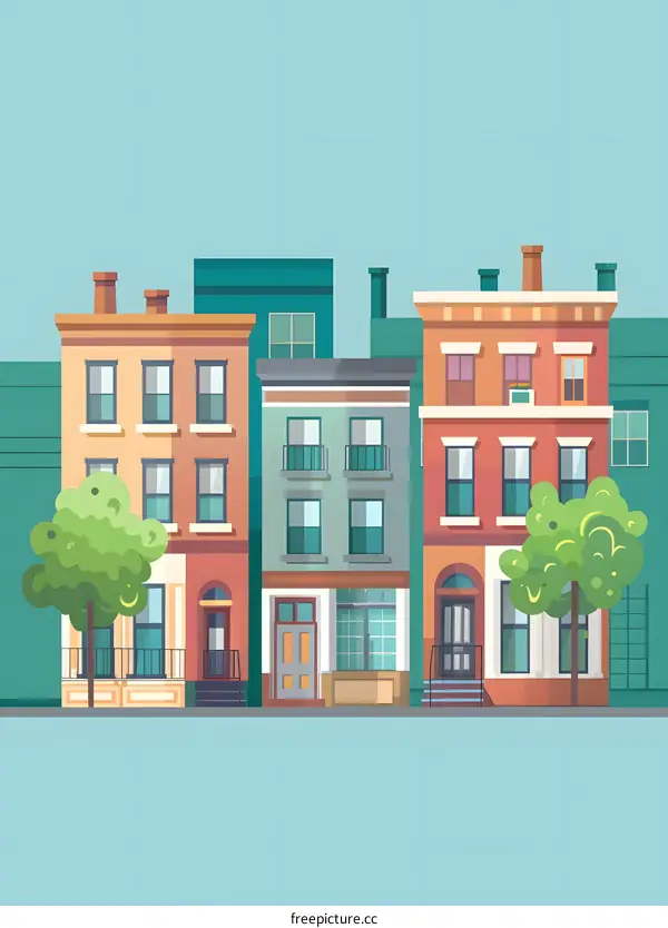 Cityscape Illustration with Colorful Buildings and Trees