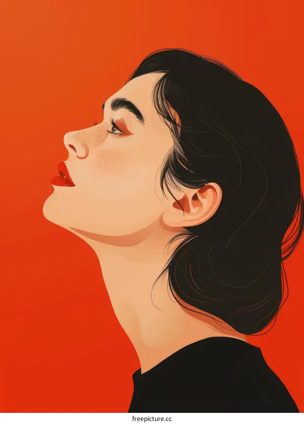 An illustration of a young woman with black hair and red lips looking up