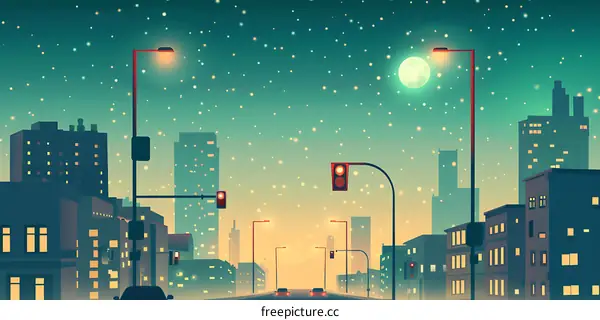 Night Cityscape with Snowy Landscape