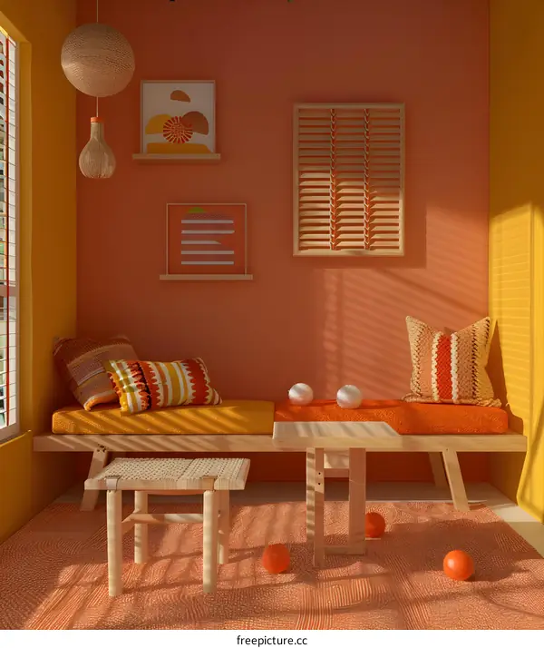 Orange and Yellow Living Room with Cushions and Wooden Furniture