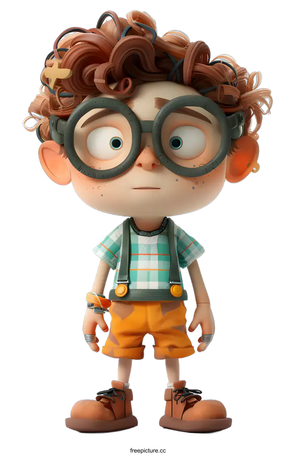 [Transparent Background PNG]3D illustration of a boy wearing glasses and a plaid shirt