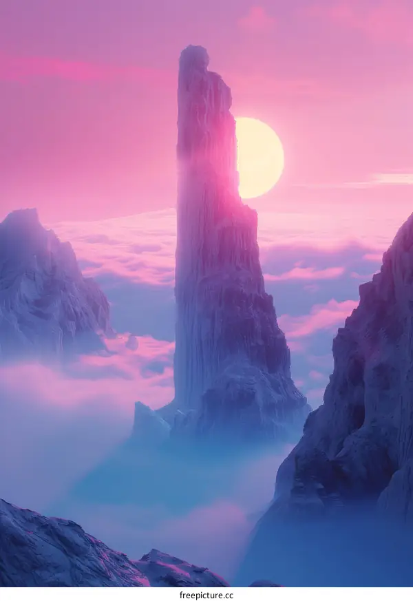 Fantasy Purple Mountain Peak with Sunset