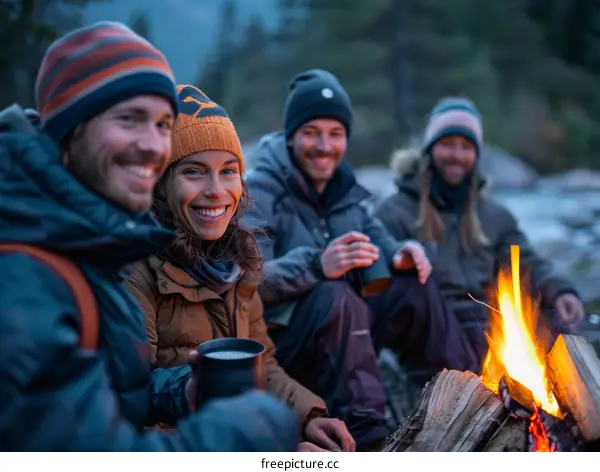 Four friends camping in the mountains