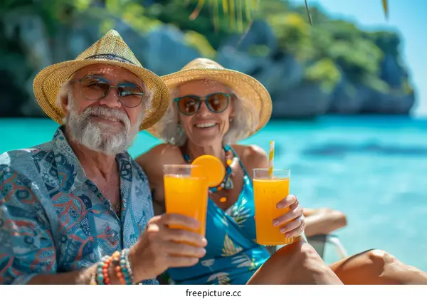 Happy retired couple relaxing on a tropical beach