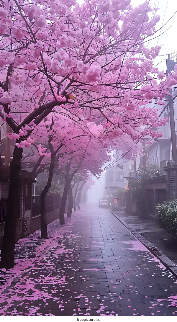 Pink Cherry Blossoms Along a Foggy City Street