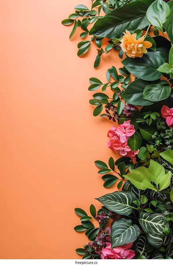 Tropical Plants and Flowers on an Orange Background