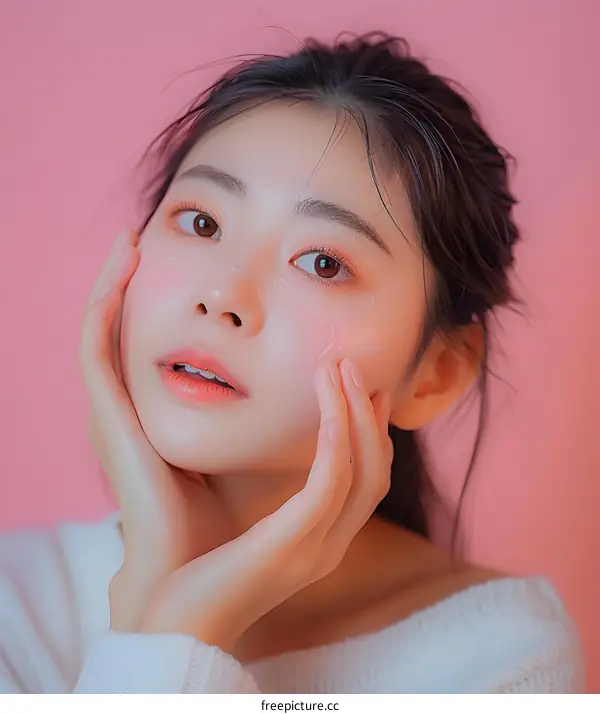 Asian Woman With Smooth Skin Posing With Hands On Her Cheeks