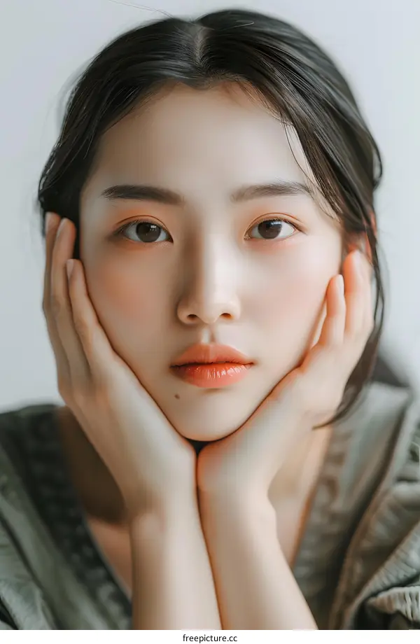 Close Up Portrait of a Young Asian Woman with a Soft Expression