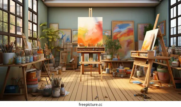 Art Studio with Large Windows and Colorful Paintings