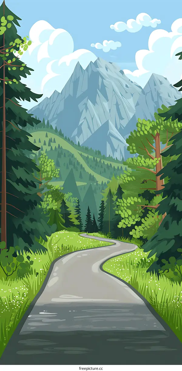 Winding Road Through Green Forest and Mountain Landscape
