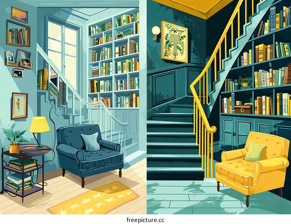 Staircase Interior Design with Bookcases and Armchairs