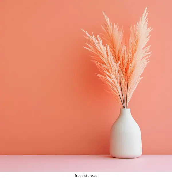 White Vase with Dried Pampas Grass on Coral Background