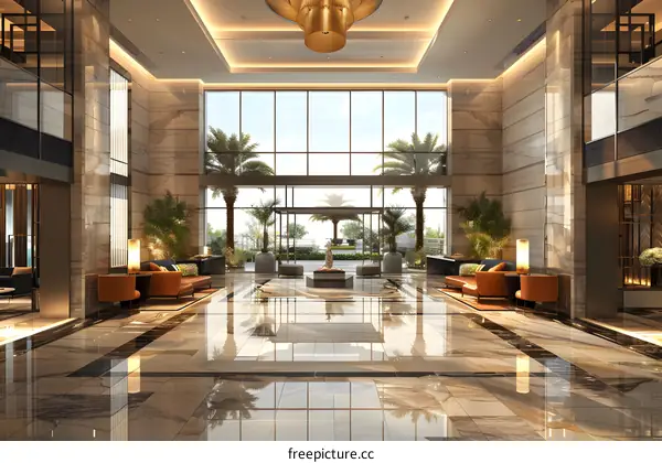 Modern hotel lobby interior with marble floor and large windows