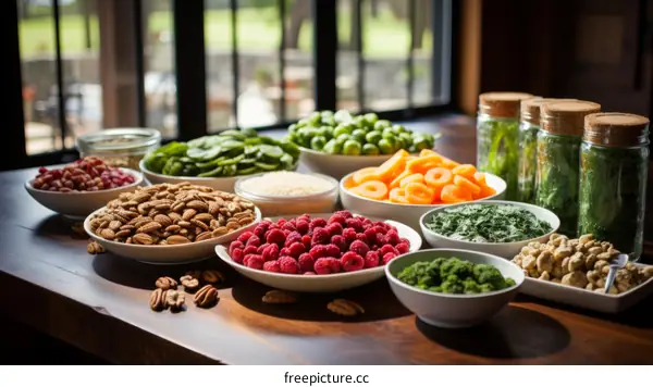 Healthy Food Table: Fruits, Vegetables, Nuts & Seeds
