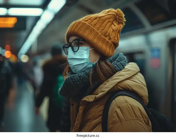 A young woman wearing a face mask waits on a subway platform