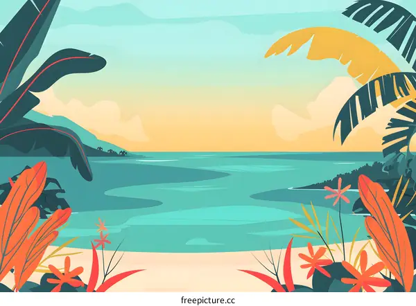 Tropical Beach Landscape with Palm Trees and Ocean